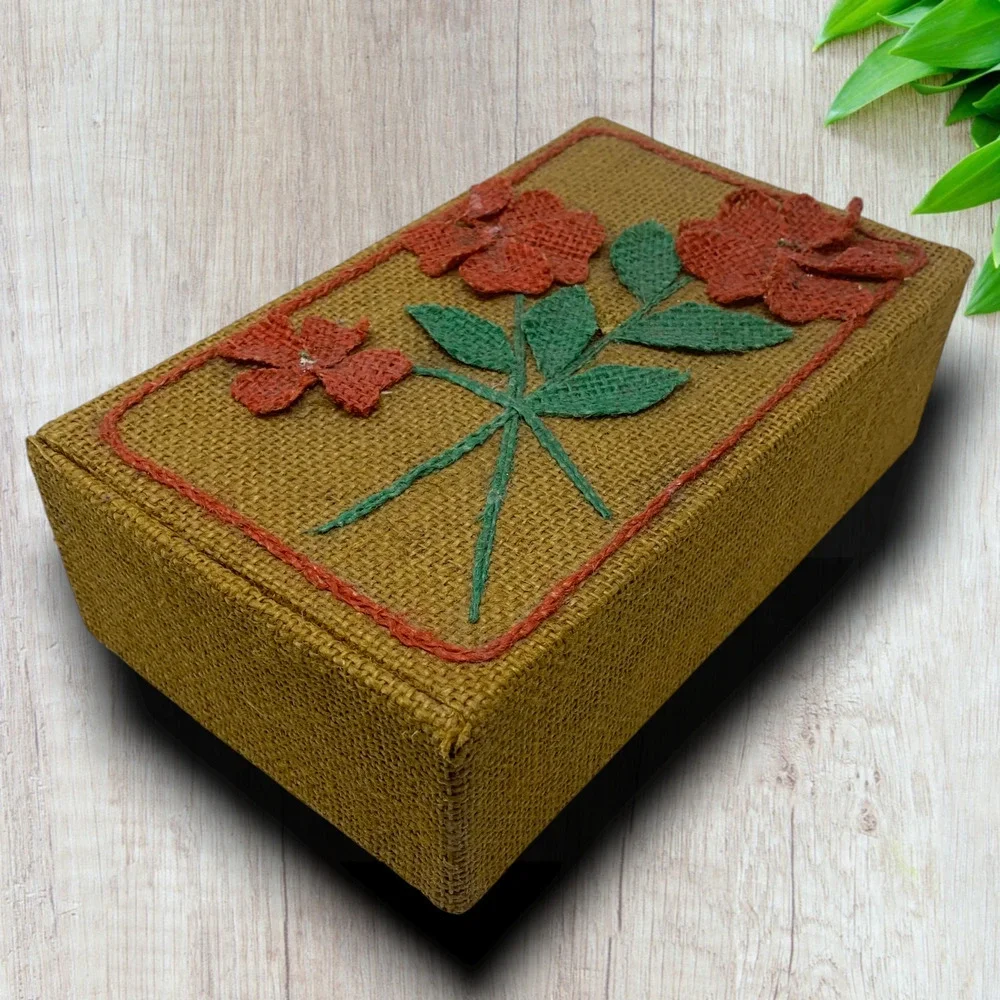 Vintage 1970's OOAK Burlap Covered Trinket Storage Box Hinged Lid Flowers Hippie